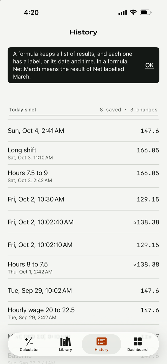History with saved results grouped by formula