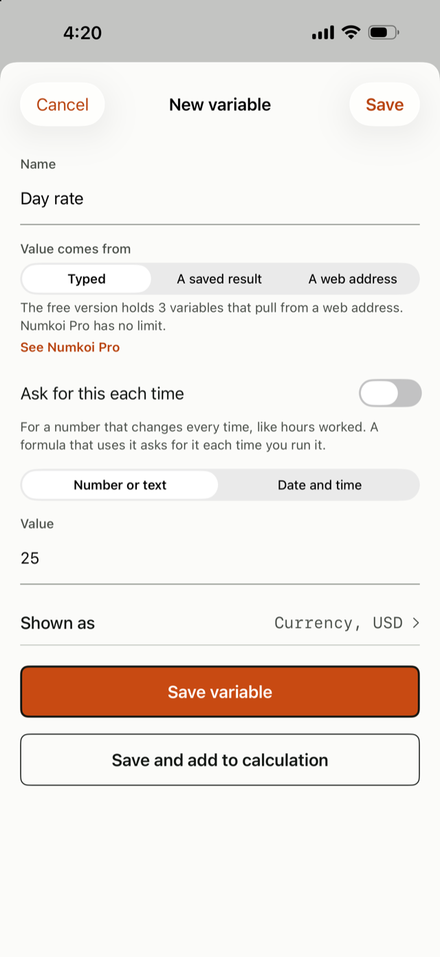 The New variable sheet with a name and a value
