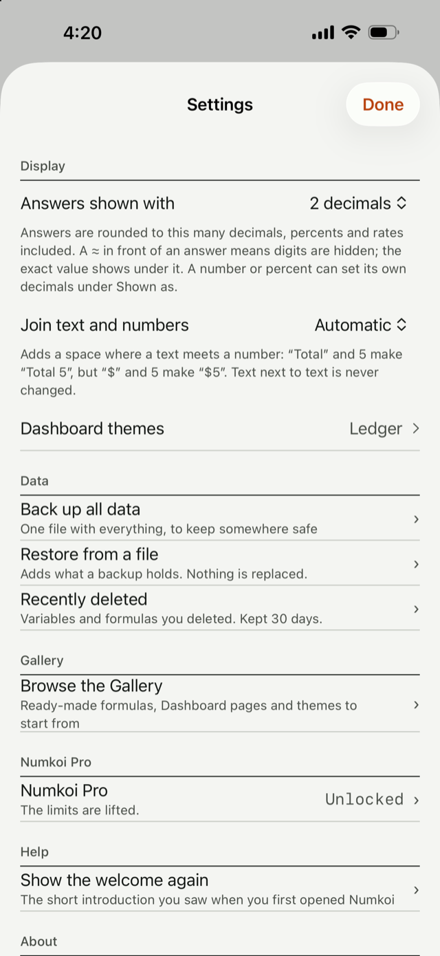 The Settings screen