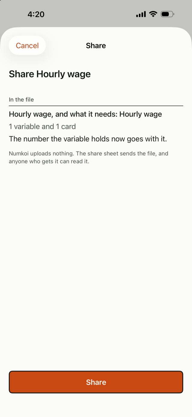 The share options sheet before a file is made