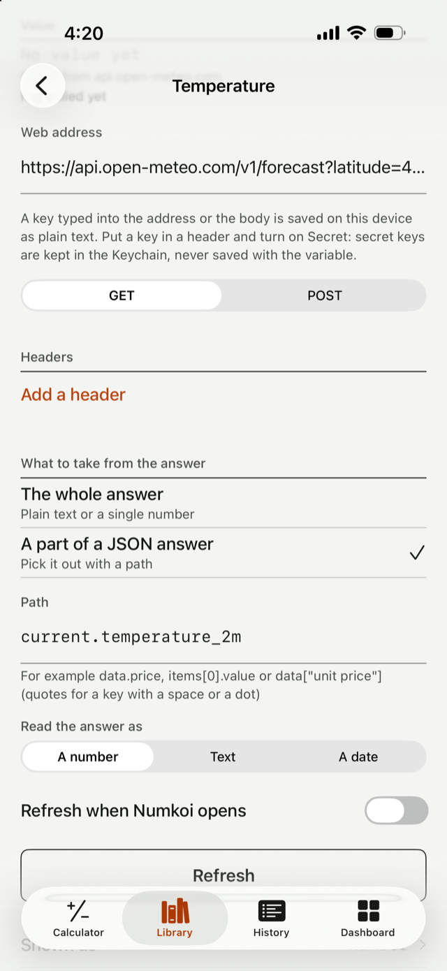 A variable set to pull its value from a web address, with Try it